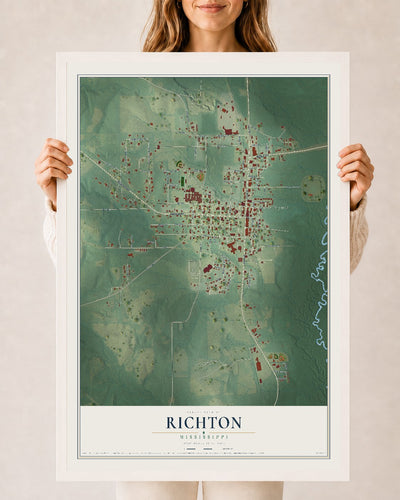 Map of Richton, Mississippi, 24 x 36 inch print in a white wood frame