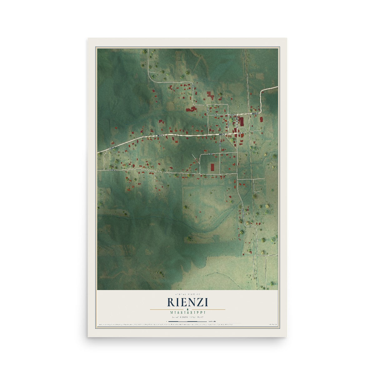 Map of Rienzi, Mississippi, 12 x 18 inch unframed archival matte print
