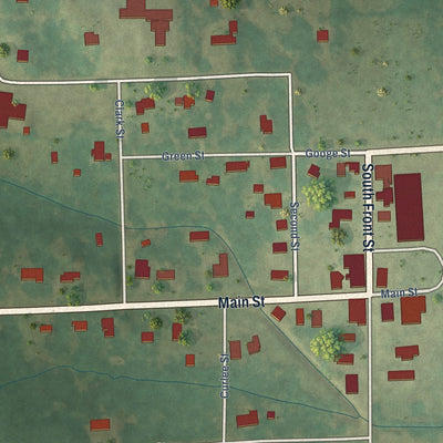 Close-up of the map of Rienzi, Mississippi print showing street and building detail