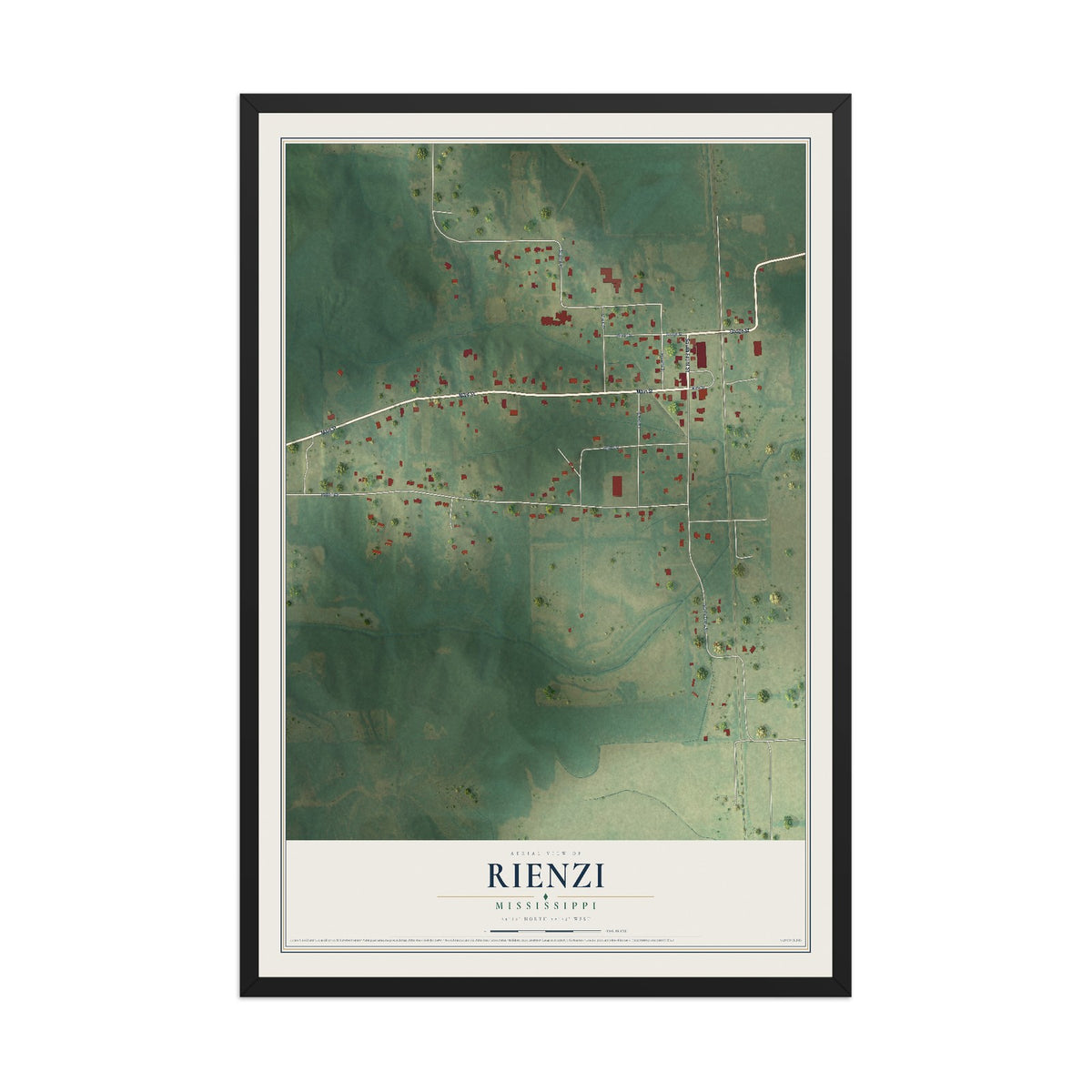 Map of Rienzi, Mississippi, 12 x 18 inch print in a black wood frame