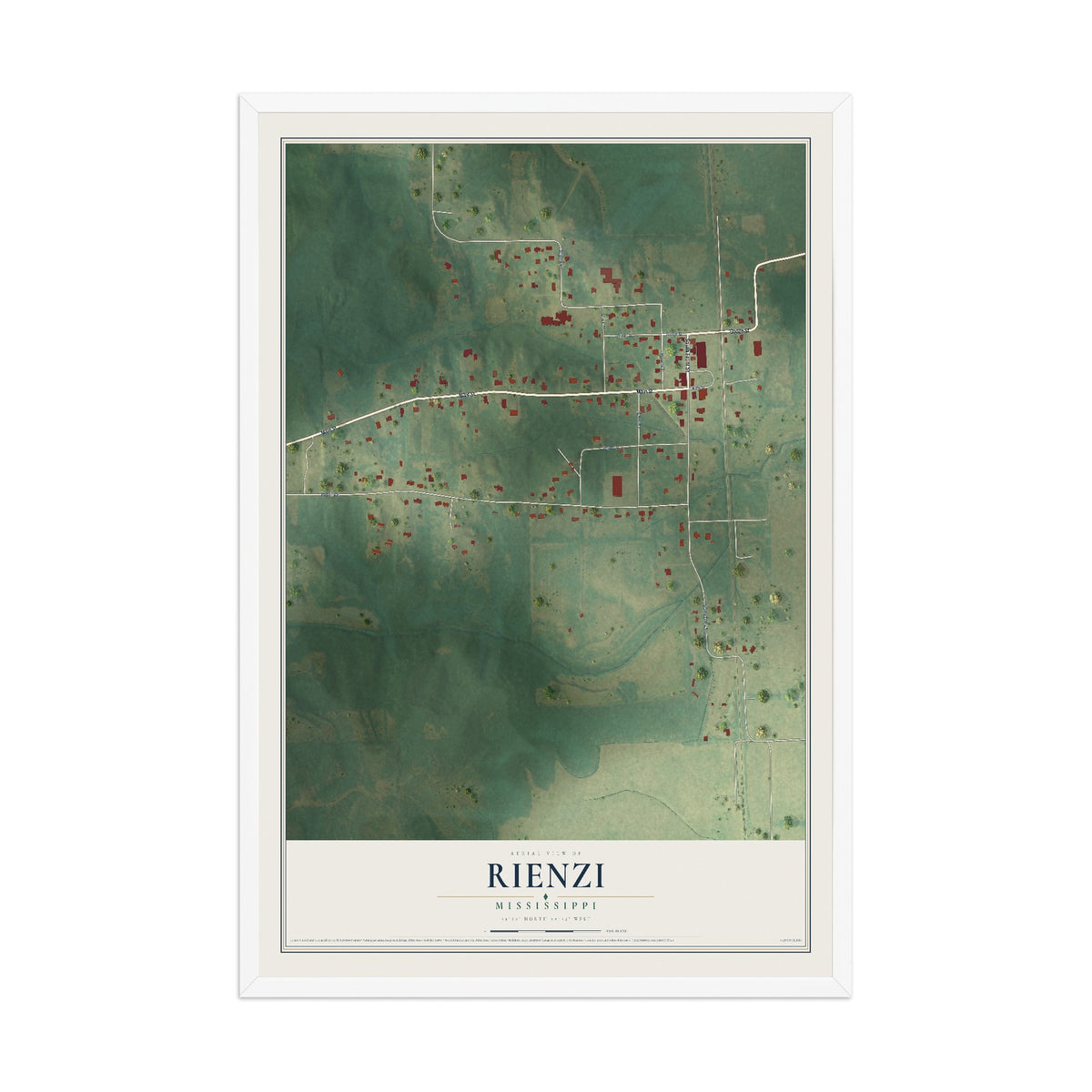 Map of Rienzi, Mississippi, 12 x 18 inch print in a white wood frame