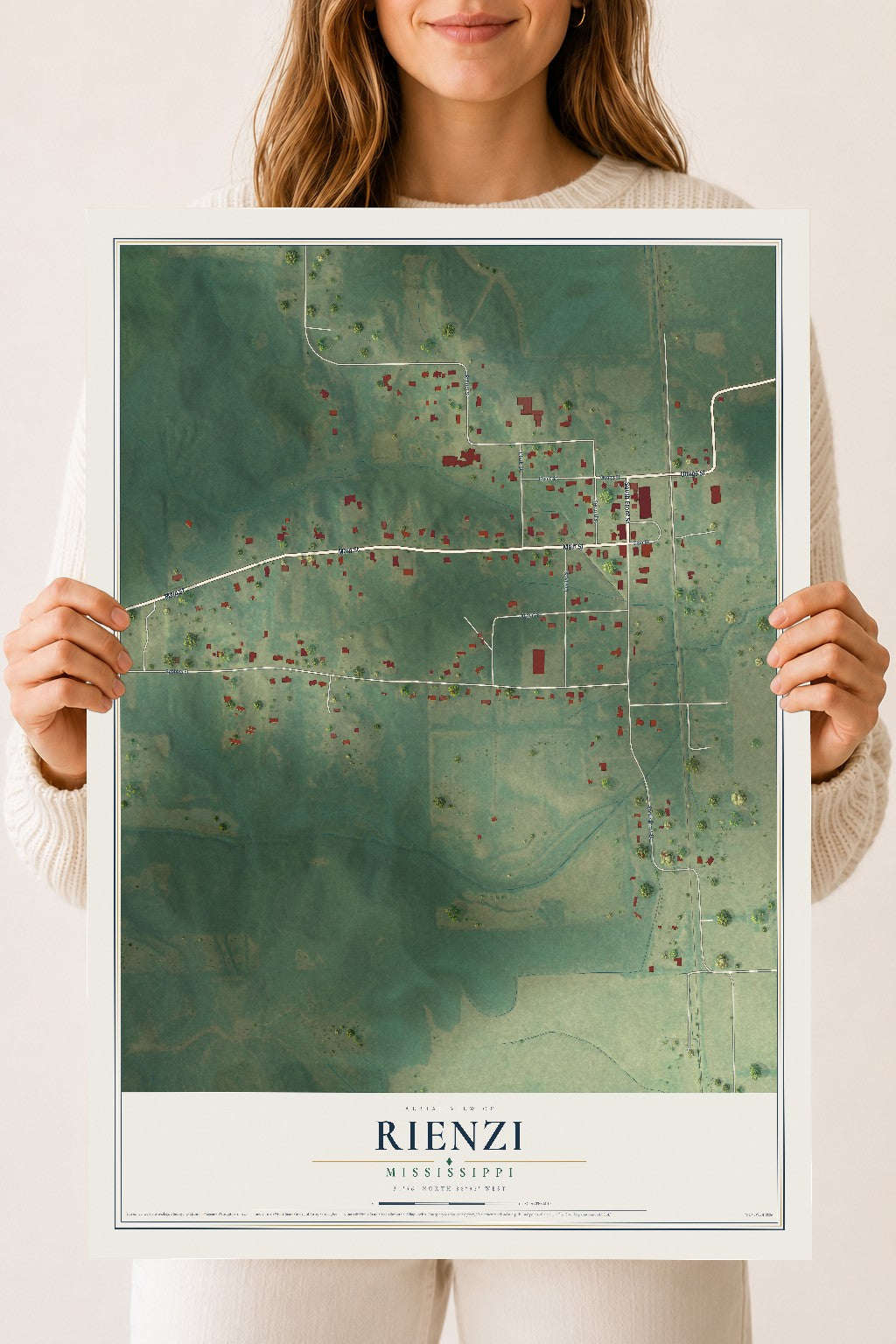 Map of Rienzi, Mississippi, 18 x 24 inch unframed archival matte print