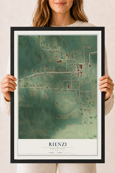Map of Rienzi, Mississippi, 18 x 24 inch print in a black wood frame