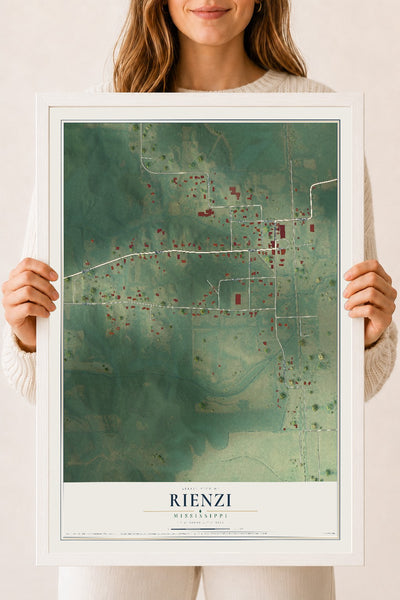Map of Rienzi, Mississippi, 18 x 24 inch print in a white wood frame