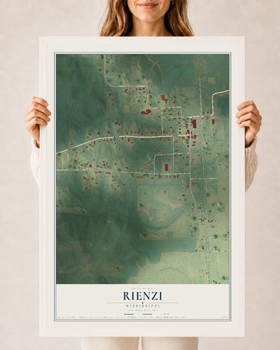 Map of Rienzi, Mississippi, 24 x 36 inch print in a white wood frame