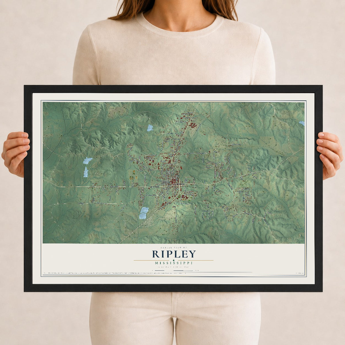Map of Ripley, Mississippi, 12 x 18 inch print in a black wood frame