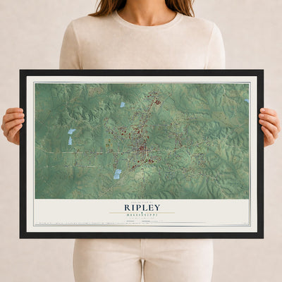 Map of Ripley, Mississippi, 12 x 18 inch print in a black wood frame