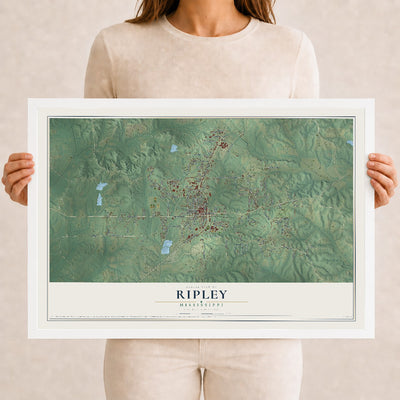 Map of Ripley, Mississippi, 12 x 18 inch print in a white wood frame