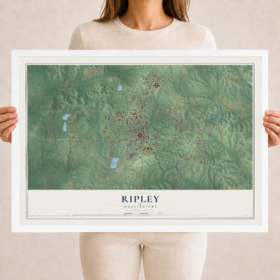 Map of Ripley, Mississippi, 18 x 24 inch print in a white wood frame