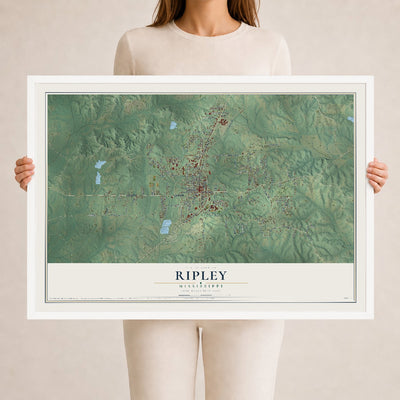 Map of Ripley, Mississippi, 24 x 36 inch print in a white wood frame