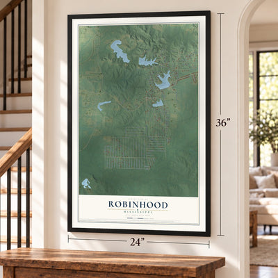 Robinhood, Mississippi map, 24 x 36 inch print in a black frame by a staircase