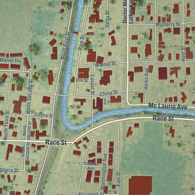 Close-up of the map of Rolling Fork, Mississippi print showing street and building detail