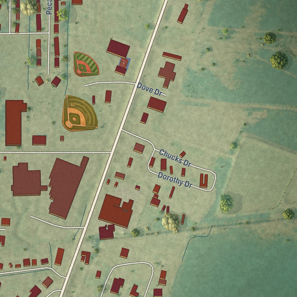 Second close-up of the map of Rolling Fork, Mississippi print showing more streets and buildings
