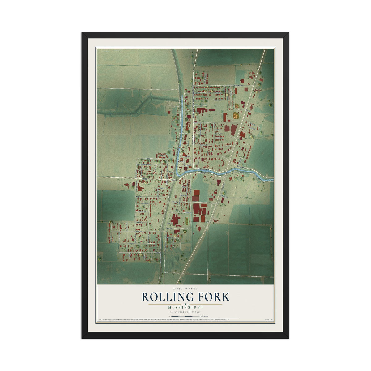 Map of Rolling Fork, Mississippi, 12 x 18 inch print in a black wood frame