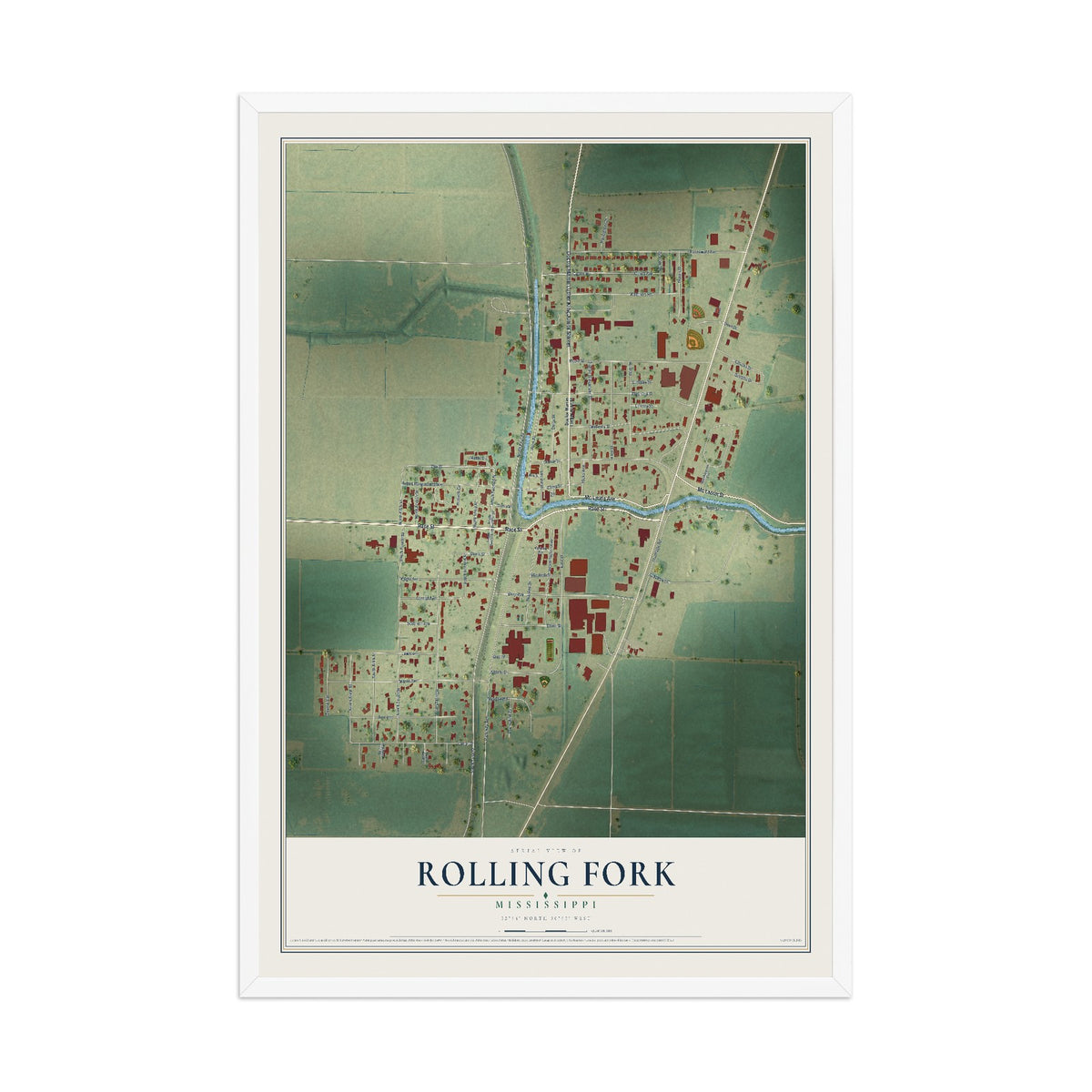 Map of Rolling Fork, Mississippi, 12 x 18 inch print in a white wood frame
