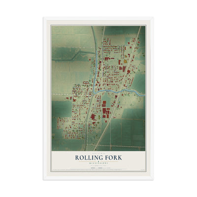 Map of Rolling Fork, Mississippi, 12 x 18 inch print in a white wood frame