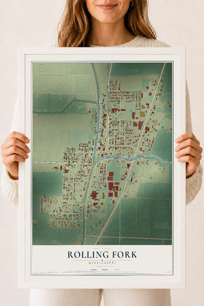 Map of Rolling Fork, Mississippi, 18 x 24 inch print in a white wood frame