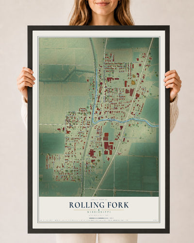 Map of Rolling Fork, Mississippi, 24 x 36 inch print in a black wood frame