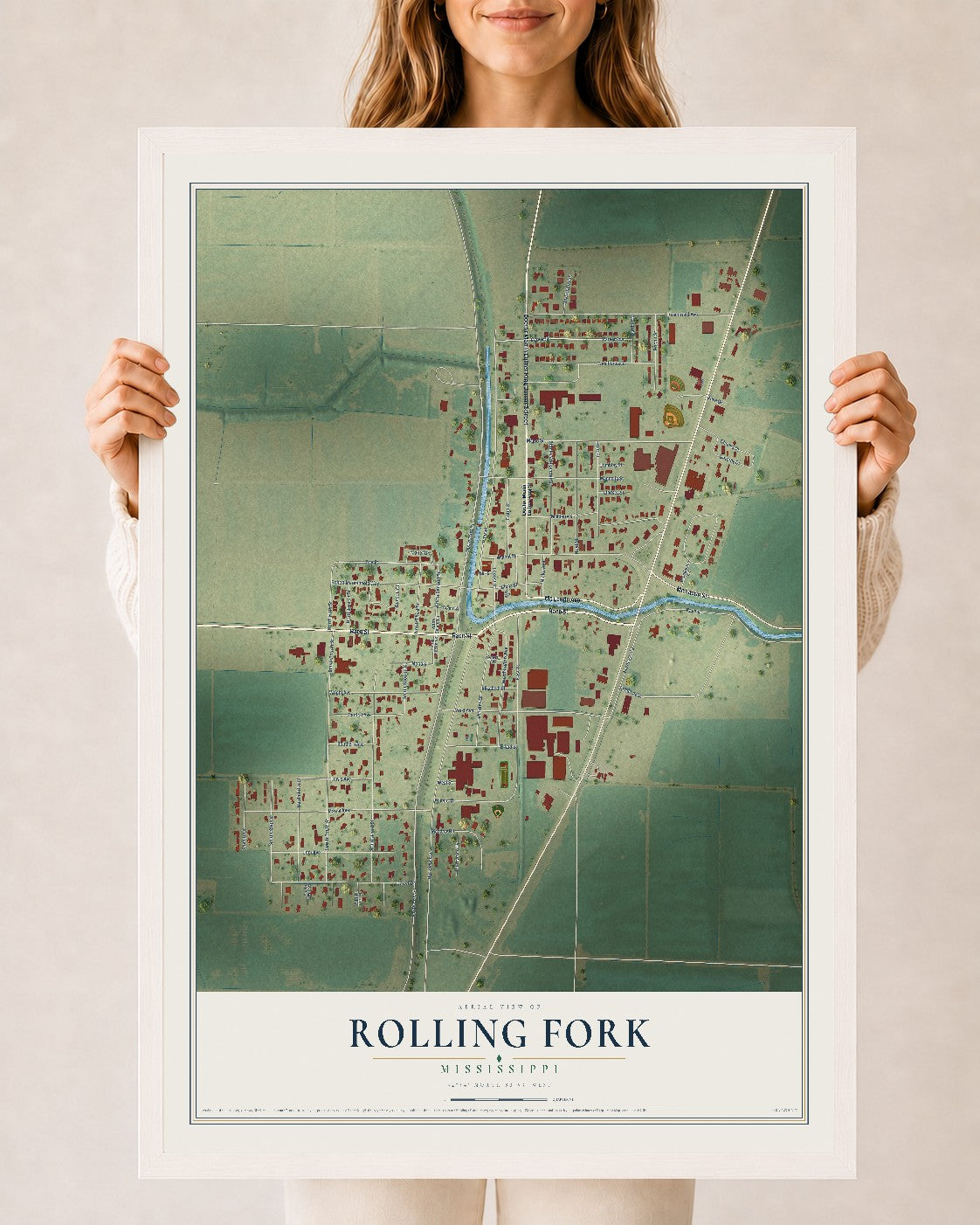 Map of Rolling Fork, Mississippi, 24 x 36 inch print in a white wood frame