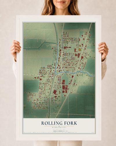 Map of Rolling Fork, Mississippi, 24 x 36 inch print in a white wood frame