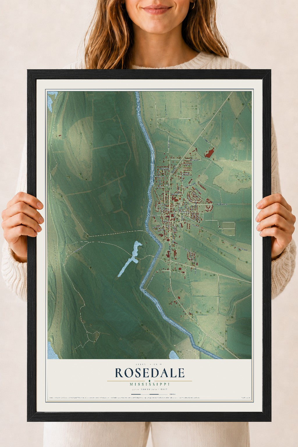 Map of Rosedale, Mississippi, 18 x 24 inch print in a black wood frame