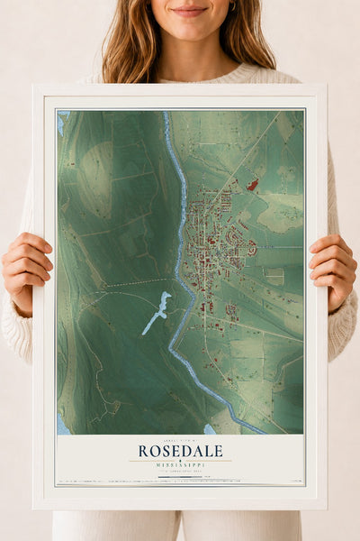 Map of Rosedale, Mississippi, 18 x 24 inch print in a white wood frame