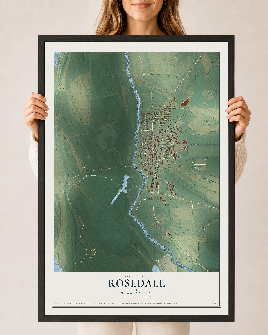 Map of Rosedale, Mississippi, 24 x 36 inch print in a black wood frame
