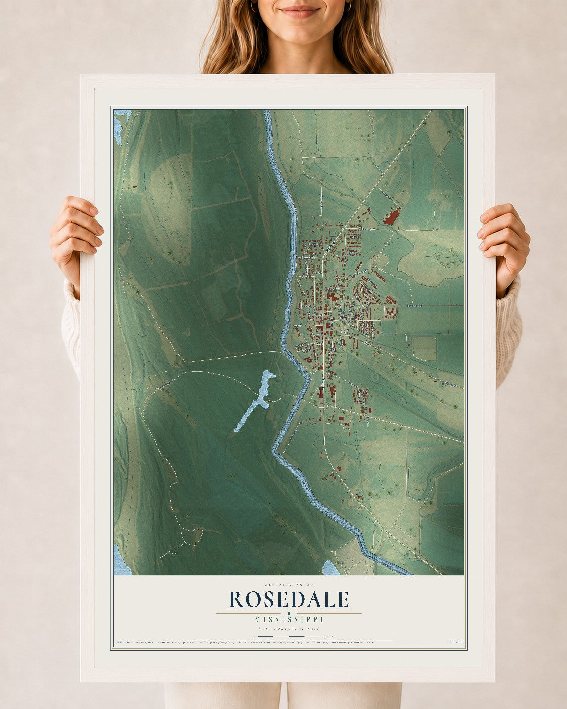 Map of Rosedale, Mississippi, 24 x 36 inch print in a white wood frame