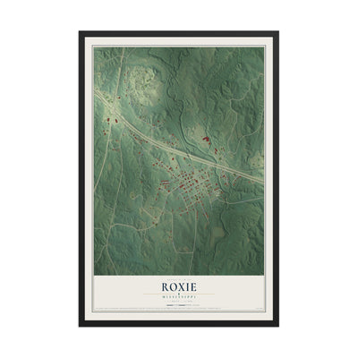 Map of Roxie, Mississippi, 12 x 18 inch print in a black wood frame