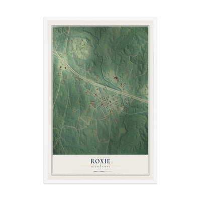 Map of Roxie, Mississippi, 12 x 18 inch print in a white wood frame
