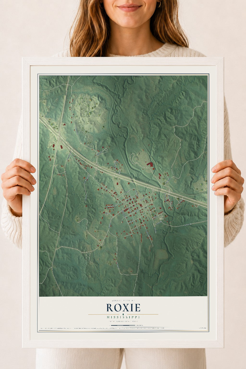 Map of Roxie, Mississippi, 18 x 24 inch print in a white wood frame