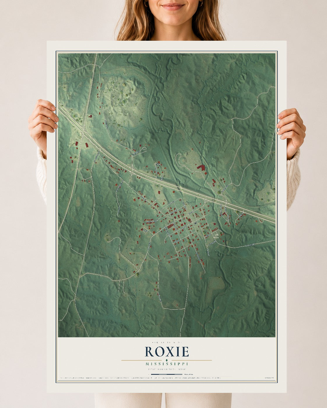 Map of Roxie, Mississippi, 24 x 36 inch unframed archival matte print