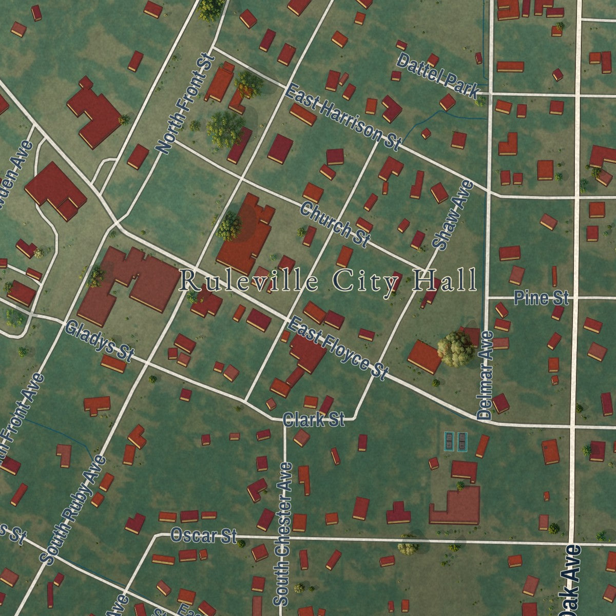 Second close-up of the map of Ruleville, Mississippi print showing more streets and buildings