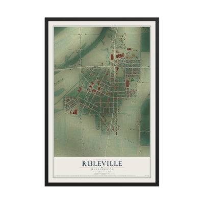Map of Ruleville, Mississippi, 12 x 18 inch print in a black wood frame