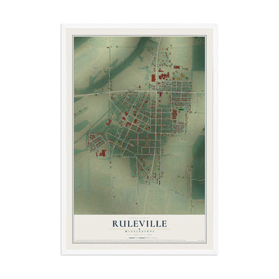 Map of Ruleville, Mississippi, 12 x 18 inch print in a white wood frame