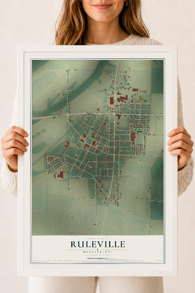 Map of Ruleville, Mississippi, 18 x 24 inch print in a white wood frame