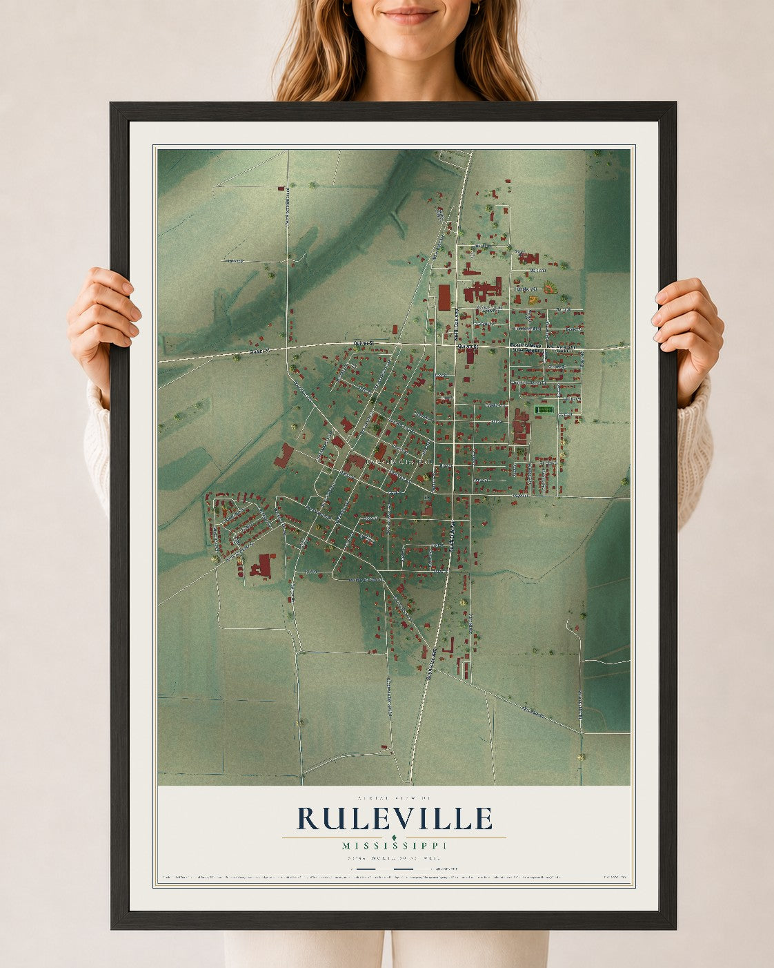 Map of Ruleville, Mississippi, 24 x 36 inch print in a black wood frame