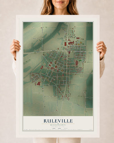 Map of Ruleville, Mississippi, 24 x 36 inch print in a white wood frame