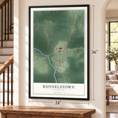 Runnelstown, Mississippi map, 24 x 36 inch print in a black frame by a staircase