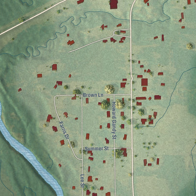 Close-up of the map of Runnelstown, Mississippi print showing street and building detail