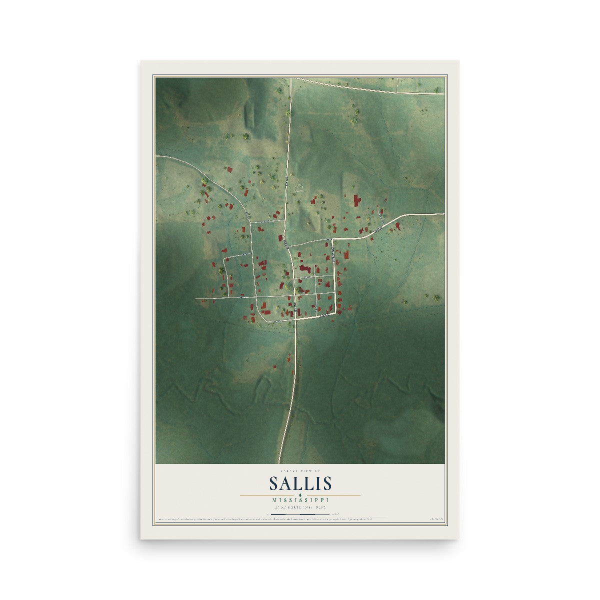 Map of Sallis, Mississippi, 12 x 18 inch unframed archival matte print