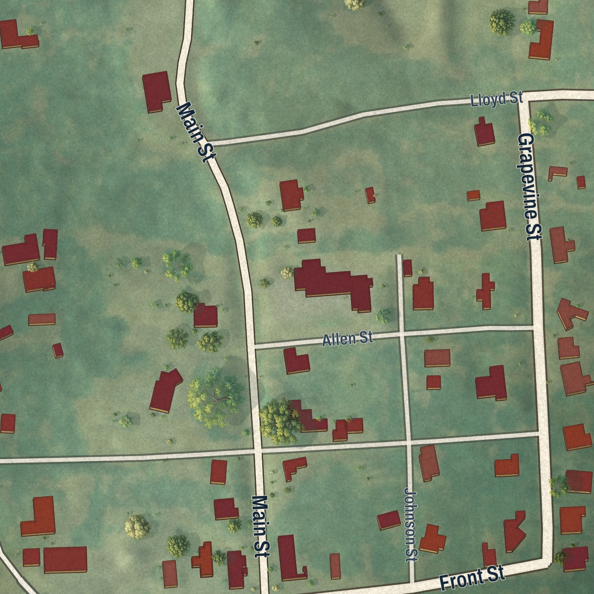 Close-up of the map of Sallis, Mississippi print showing street and building detail