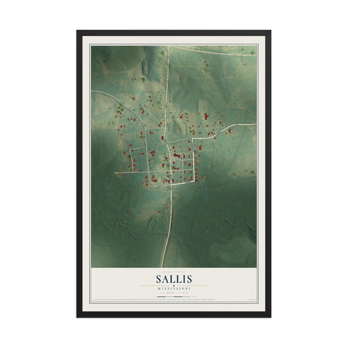 Map of Sallis, Mississippi, 12 x 18 inch print in a black wood frame