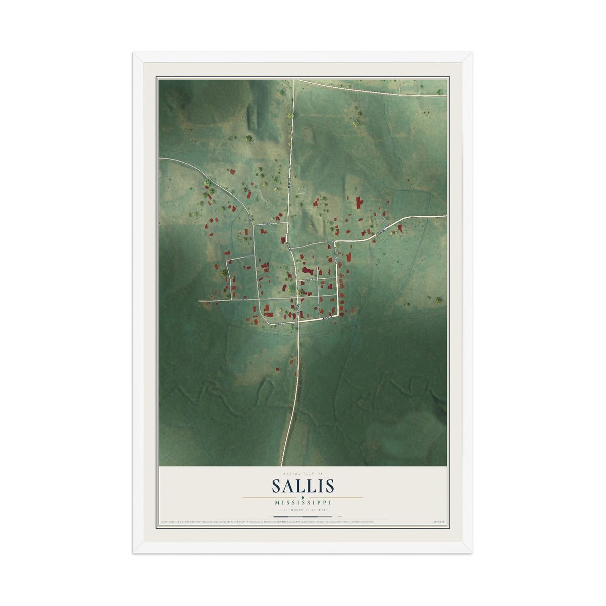 Map of Sallis, Mississippi, 12 x 18 inch print in a white wood frame