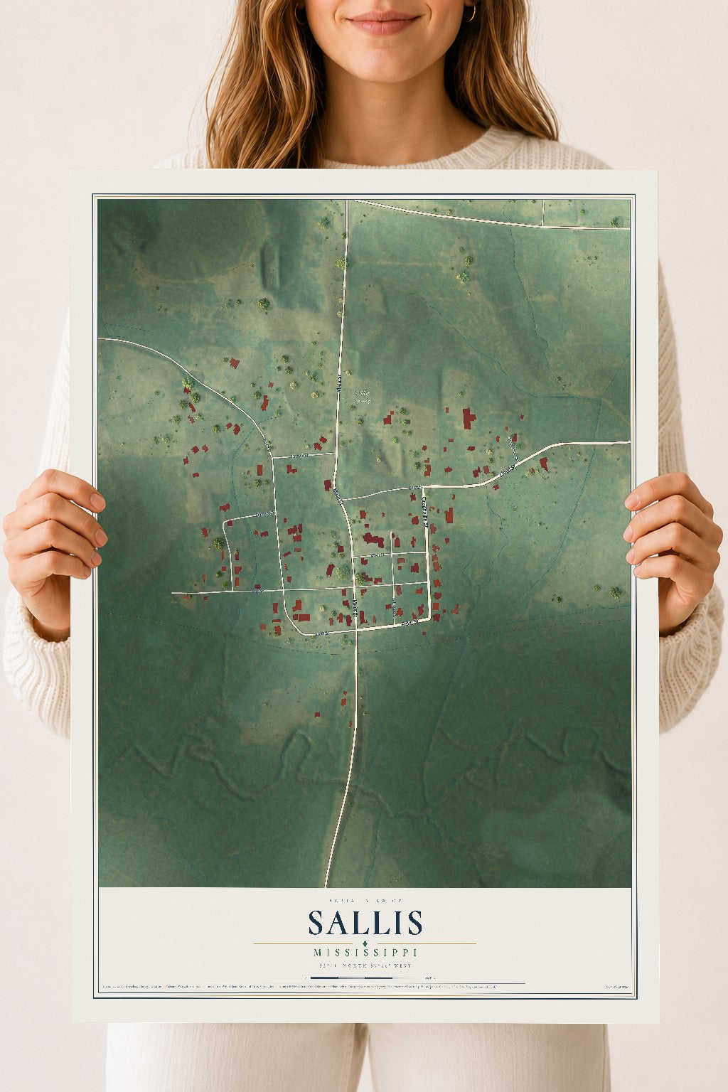 Map of Sallis, Mississippi, 18 x 24 inch unframed archival matte print