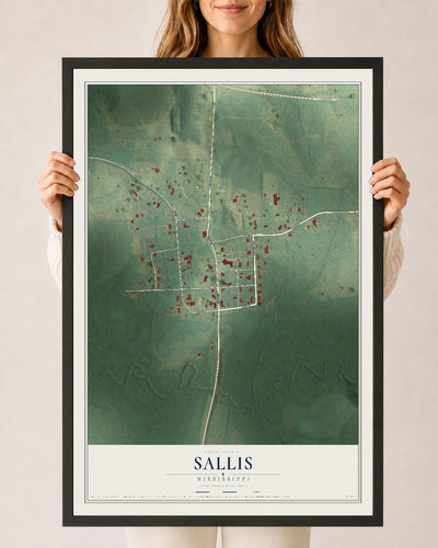 Map of Sallis, Mississippi, 24 x 36 inch print in a black wood frame