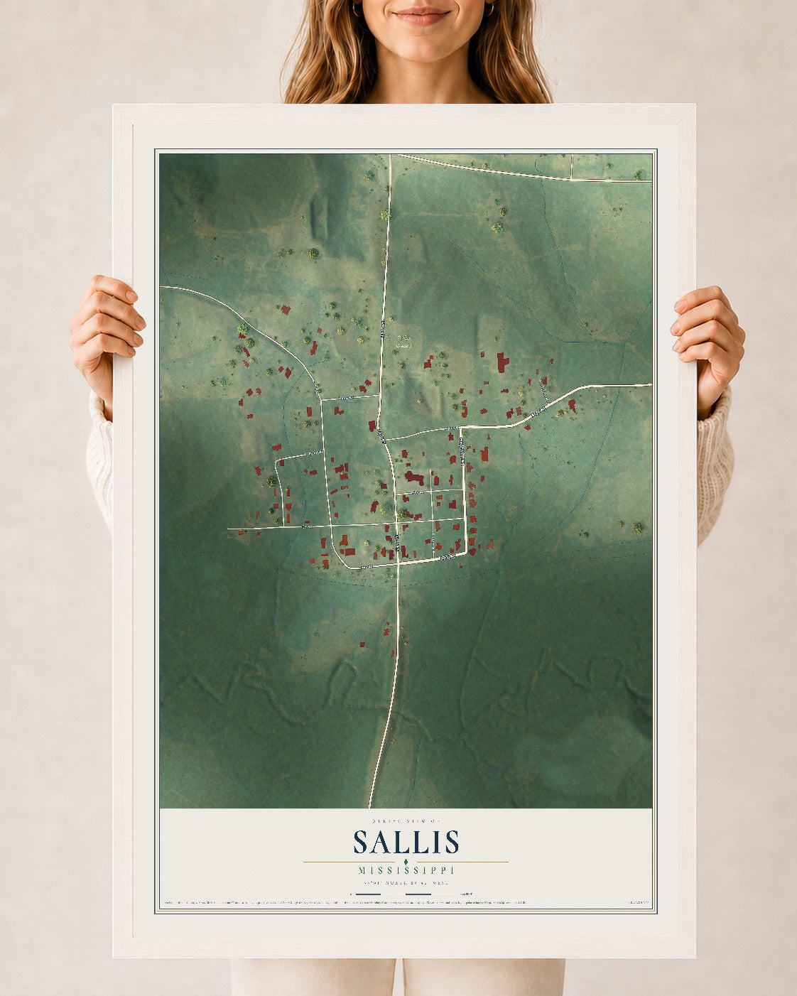Map of Sallis, Mississippi, 24 x 36 inch print in a white wood frame