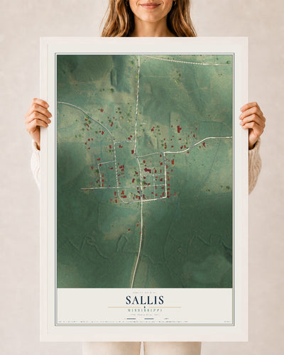 Map of Sallis, Mississippi, 24 x 36 inch print in a white wood frame