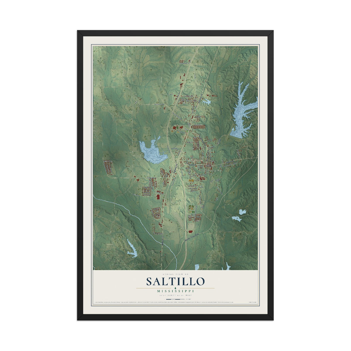 Map of Saltillo, Mississippi, 12 x 18 inch print in a black wood frame