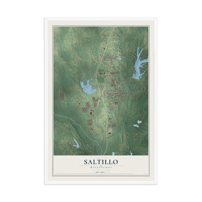 Map of Saltillo, Mississippi, 12 x 18 inch print in a white wood frame